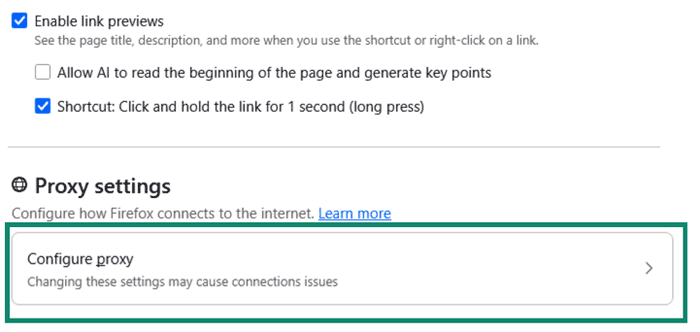 Configure proxy button shown in the settings menu
