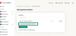 The "Edit payment method" page in the ExpressVPN+ portal with a highlighted "Set this as default payment method" line.