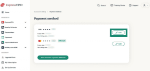 The Payment method page in the ExpressVPN+ portal, with a highlighted "Edit" option next to one of the payment methods.