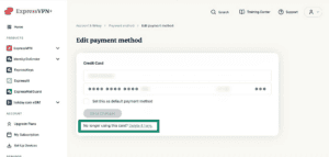 The "Edit payment method" page in the ExpressVPN+ portal with a highlighted "No longer using this card? Delete it here" line.