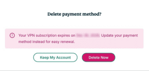The "Delete payment method?" pop-up in the ExpressVPN+ portal.