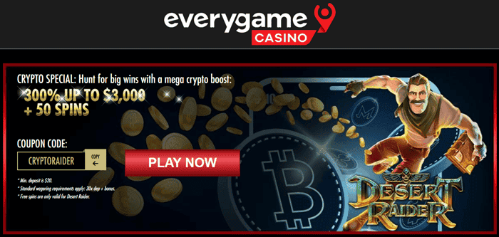 Everygame Casino 50 Free Spins and 300% up to $3,000 Crypto Bonus Code: CRYPTORAIDER 