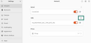 Network settings in Ubuntu showing the VPN setting.