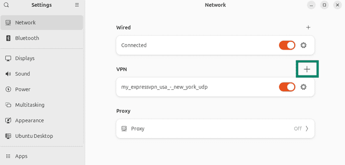 Network settings in Ubuntu showing the VPN setting.