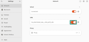 VPN toggle enabled in the Ubuntu network settings.