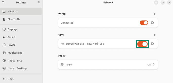 VPN toggle enabled in the Ubuntu network settings.