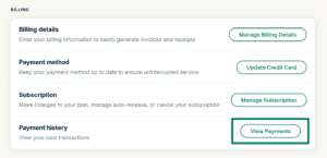 ExpressVPN account Billing page, with the View Payments button in the Payment history section outlined in green.