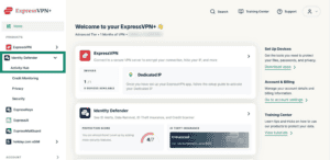 A highlighted Identity Defender tab and an Activity Hub under it in the ExpressVPN+ portal.