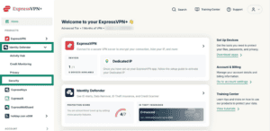The Identity Defender menu expanded in the ExpressVPN+ portal, with a highlighted "Security" tab.