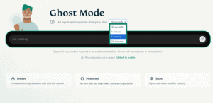 Screenshot of ExpressAI on desktop with ghost mode enabled. A arrow points to a dropdown menu with four options: 30 seconds, 1 minute, 5 minutes, 10 minutes.