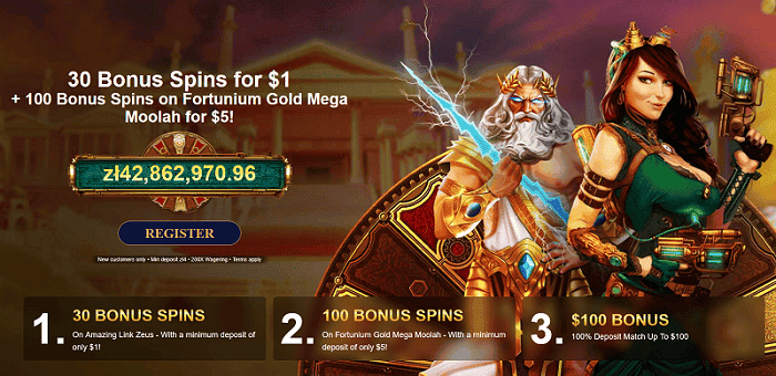 Play 100 free spins on $1 deposit! 