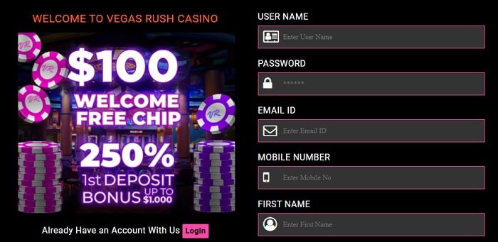 VegasRush $100 free chips