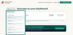 ExpressVPN for Teams dashboard with the expanded team subscription management dropdown menu open.