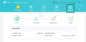 TP-Link router admin panel with Advanced highlighted.