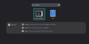 The "System Monitor" app on Linux highlighted in the search results.