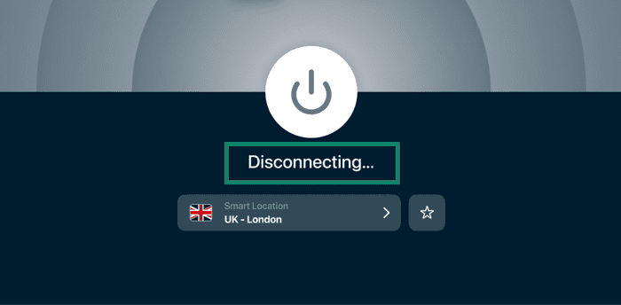 ExpressVPN connection home screen on Apple TV showing disconnecting highlighted.