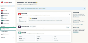 The ExpressVPN+ dashboard with the Upgrade Plans menu item highlighted.