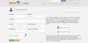 Dynu create account page with registration form and submit button