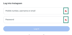 Instagram's login page, showing the ExpressKeys logo in the "Mobile, username or email" and the "Password" fields.