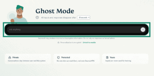 A screenshot of the ExpressAI home screen with ghost mode enabled. An arrow points to the chat window in the middle of the screen.