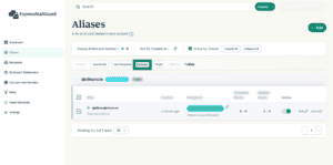 The Aliases page of ExpressMailGuard, showing the Delete option.