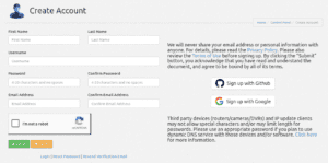 Account creation screen for the Dynu DNS platform.