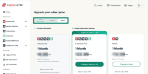 The Upgrade your subscription page in the ExpressVPN+ portal, showing the available tiers and plans, with a tab menu for 2-year, 1-year, and 1-month subscriptions.