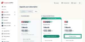 The Upgrade your subscription page in the ExpressVPN+ portal, showing the available tiers and plans.