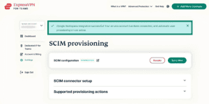 ExpressVPN for Teams Settings page, showing a highlighted successful integration message.