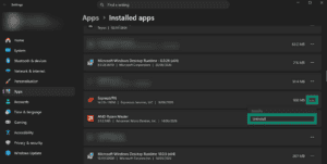Windows 11 Settings app displaying the Installed apps page with an expanded menu for ExpressVPN, showing the "Uninstall" option highlighted inside a teal box.