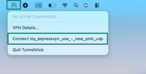 Tunnelblick menu in the macOS menu bar, with a highlighted option to connect to an ExpressVPN USA New York UDP server.