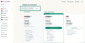The Express+ Upgrade Plans tab, with the options to filter plans by duration highlighted.