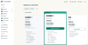 The ExpressVPN+ Upgrade Plans tab, with Change to Pro option highlighted.