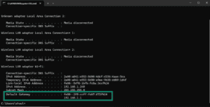 The "Default gateway" field in Command Prompt on Windows.