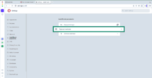 Opera browser showing payment methods settings highlighted.