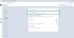 Opera browser showing save and fill payment methods settings highlighted.