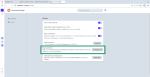 Opera browser showing export passwords option.