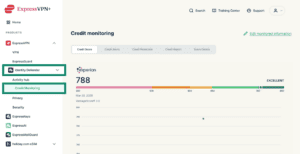 ExpressVPN+ dashboard showing the Identity Defender and the "Credit Monitoring" options on the left-hand side menu.