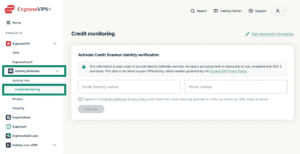 Activate Credit Scanner identity verification form prompting the user to enter their social security number and phone number.