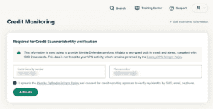 Activate Credit Scanner identity verification form filled out and showing a green Activate button.