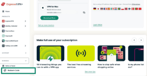 ExpressVPN+ dashboard with Redeem Code highlighted.