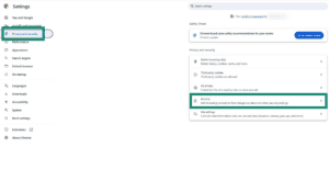 Google Chrome settings menu, showing highlighted "Privacy and security" and "Security" tabs.