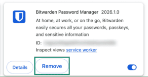 Browser extension management card for Bitwarden, with the "Remove" button highlighted in a green box.