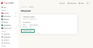 ExpressVPN account billing information showing Update information highlighted.