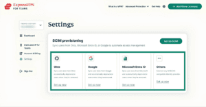 ExpressVPN for Teams Settings page, showing highlighted identity provider widgets.
