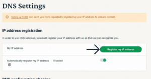 "Register my IP address" option highlighted in the ExpressVPN DNS settings.