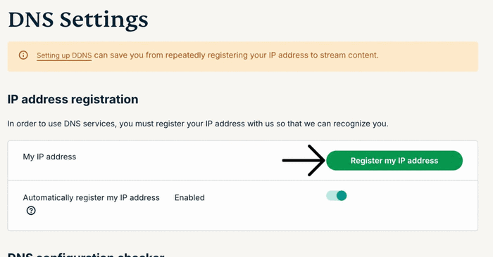 "Register my IP address" option highlighted in the ExpressVPN DNS settings.