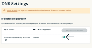 "Automatically register my IP address" option highlighted in the ExpressVPN DNS settings.