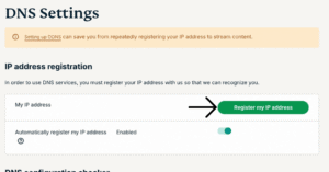 "Register my IP address" option highlighted in the ExpressVPN DNS settings.