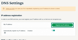 "Register my IP address" option highlighted in the DNS settings in the ExpressVPN+ portal.